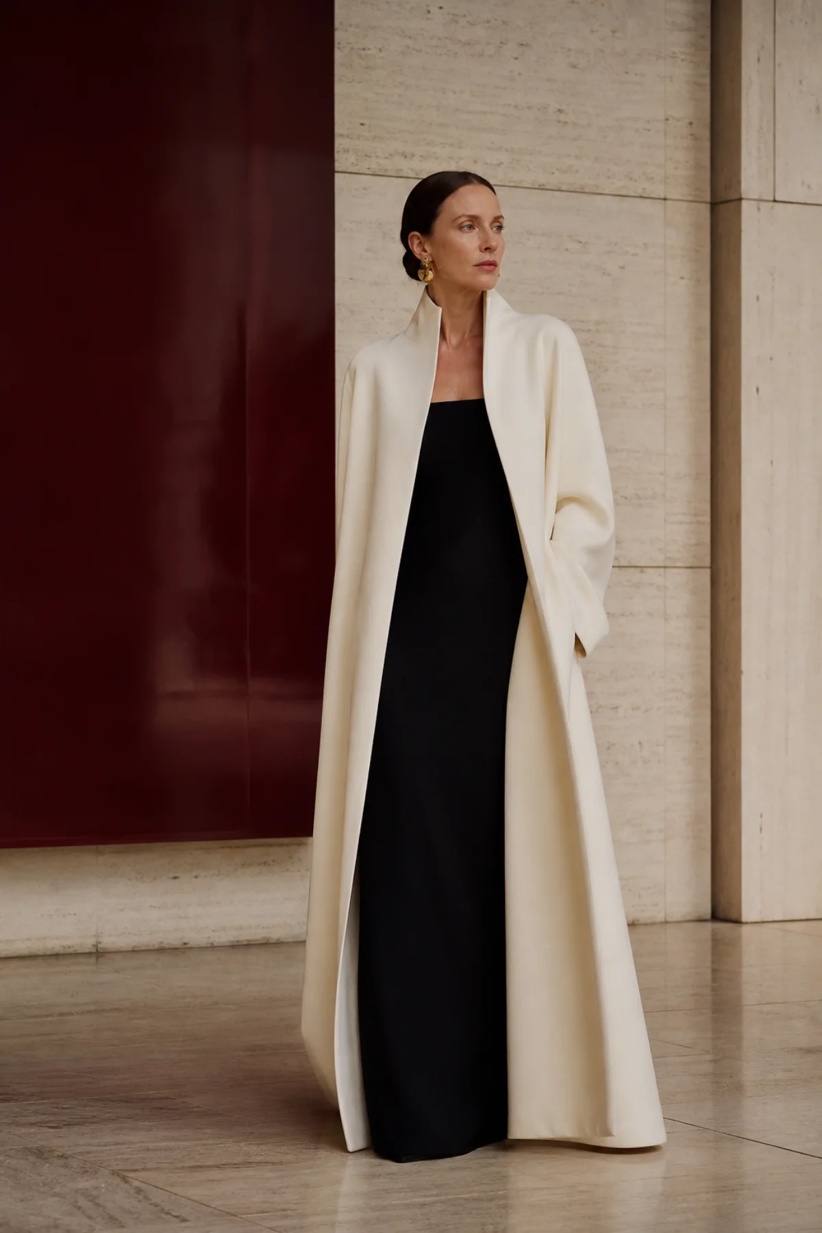 Woman wearing an ivory architectural coat in a stone gallery